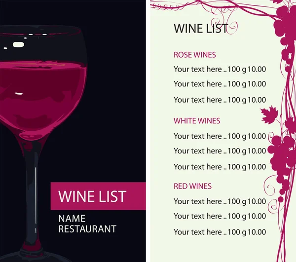 Carte Des Vins Pour Restaurant Café Avec Verre Vin Rouge — Image vectorielle