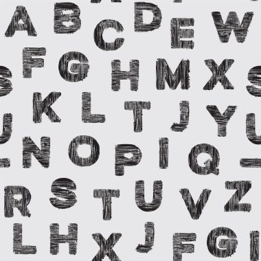 Açık arkaplanda tekstil dokusu olan kusursuz siyah İngilizce harfler. Büyük Latince harflerle tek renkli vektör arkaplanı. Abc duvar kağıdı. Paket kağıdı veya kumaş için grafiksel yazdırma