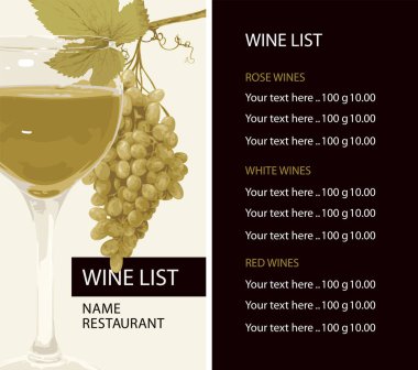 Yeşil üzümlü ve fiyat listeli bir bardak beyaz şarapla süslenmiş bir restoran ya da kafe için şarap listesi. Eski tarz menü, şarap listesi veya tatma için güzel vektör illüstrasyonu