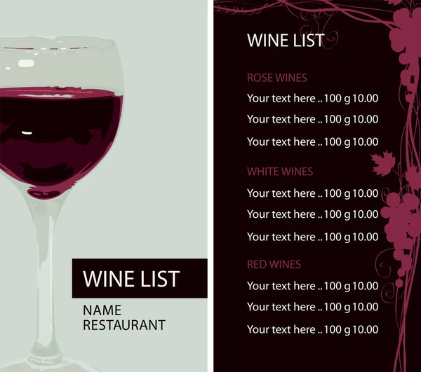 Lista Vinos Para Restaurante Cafetería Con Una Copa Vino Tinto — Archivo Imágenes Vectoriales