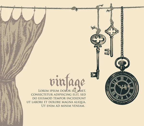 Banner Vintage Fondo Con Reloj Bolsillo Una Cadena Llaves Viejas — Vector de stock