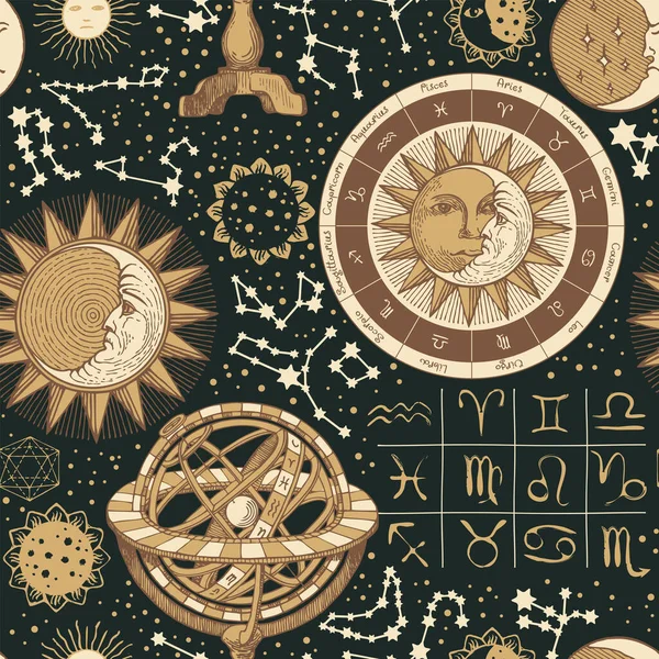 Krásný Bezešvý Vzor Stylu Vintage Sluncem Měsícem Hvězdami Souhvězdími Astrologickými — Stockový vektor