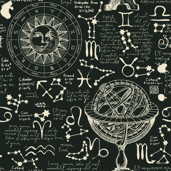Handgezeichnetes Nahtloses Muster Zum Thema Horoskope Und Tierkreiszeichen Vektorhintergrund Retro — Stockvektor