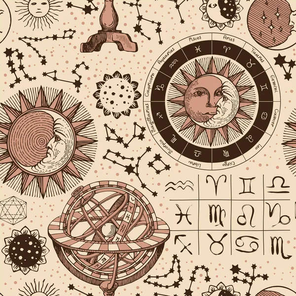 无缝图案的主题是天宫和黄道带的老式风格 旧纸背景上带有太阳 星座和星座的手绘矢量背景 — 图库矢量图片