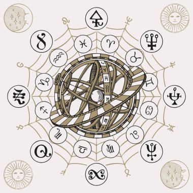Vector circle of the Zodiac signs with icons, esoteric symbols and hand-drawn Ptolemaic Geocentric System. Decorative banner with horoscope symbols for astrological predictions in vintage style clipart