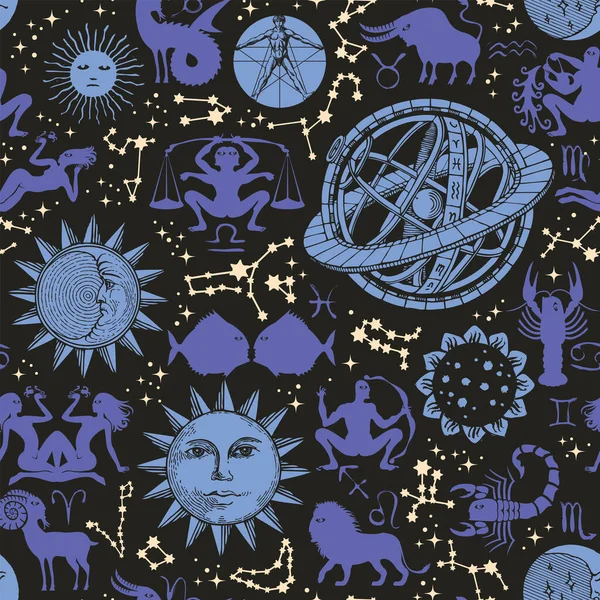 Sömlöst Mönster Med Silhuetter Zodiaktecken Horoskop Symboler Måne Sol Stjärnor — Stock vektor