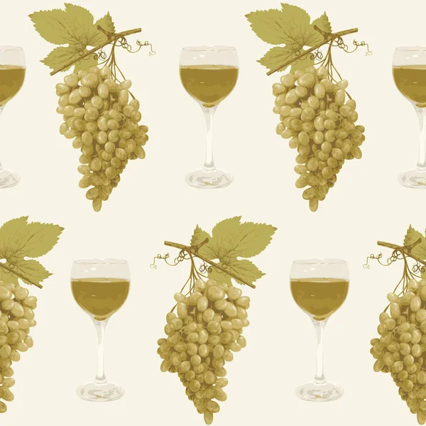 Бесшовный Узор Реалистичными Связками Зеленого Винограда Бокалами Белого Вина Светлом — стоковый вектор