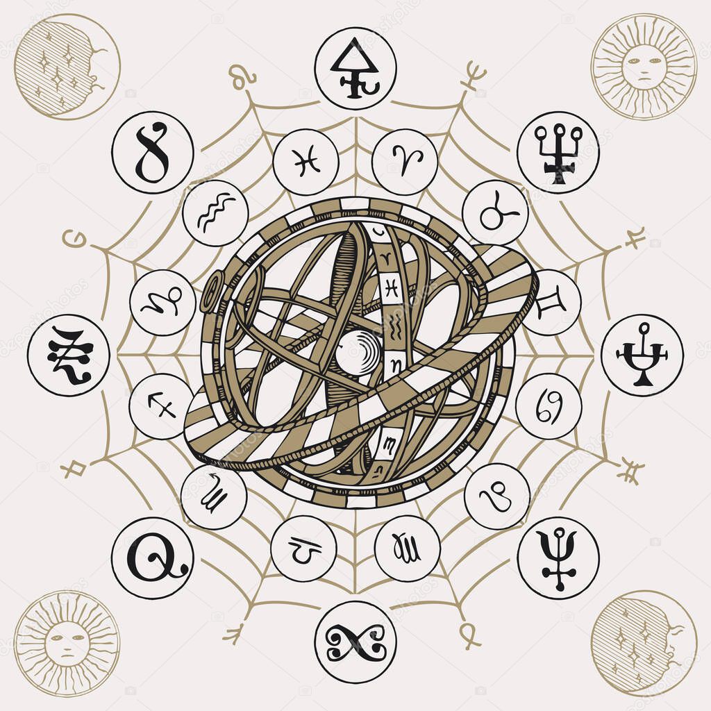 Vector circle of the Zodiac signs with icons, esoteric symbols and hand-drawn Ptolemaic Geocentric System. Decorative banner with horoscope symbols for astrological predictions in vintage style