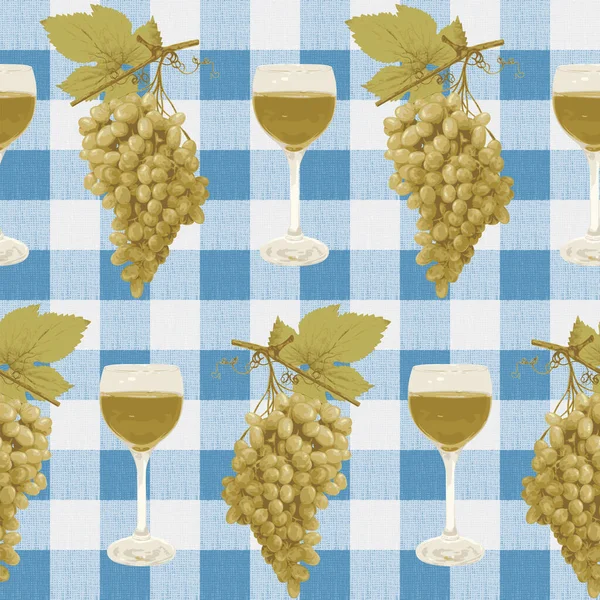 Seamless Pattern Realistic Bunches Green Grapes Glasses White Wine Background — Stock Vector