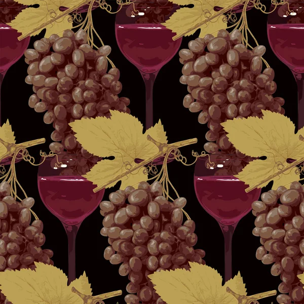 Бесшовный Узор Реалистичными Бокалами Красного Вина Гроздьями Спелого Винограда Черном — стоковый вектор