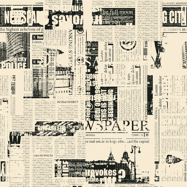 古い紙の上に読めない新聞のテキスト イラストやタイトルの混沌とした層と抽象的なシームレスなパターン レトロスタイルのモノクロームベクトル背景 包装紙 — ストックベクタ