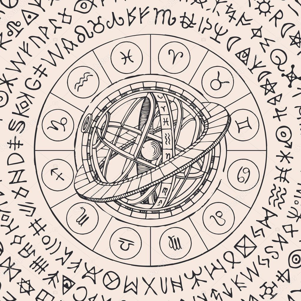 Vector circle of the Zodiac signs with icons, Ptolemaic Geocentric System and magic runes written in a circle. Hand-drawn banner in vintage style with horoscope symbols for astrological forecasts