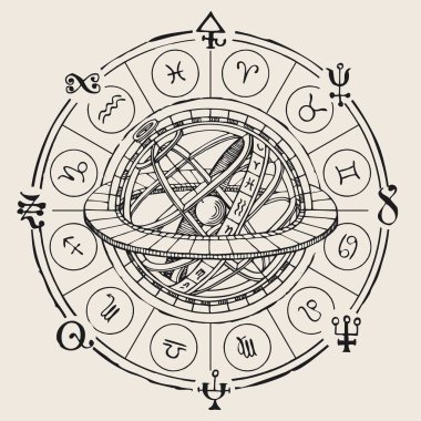 Zodiac 'ın vektör çemberi simgelerle ve eski bir kağıda elle çizilmiş Ptolemaic Coğrafi Sistemle işaretlenir. Klasik tarzda astrolojik tahminler için burç sembollü tek renkli pankart