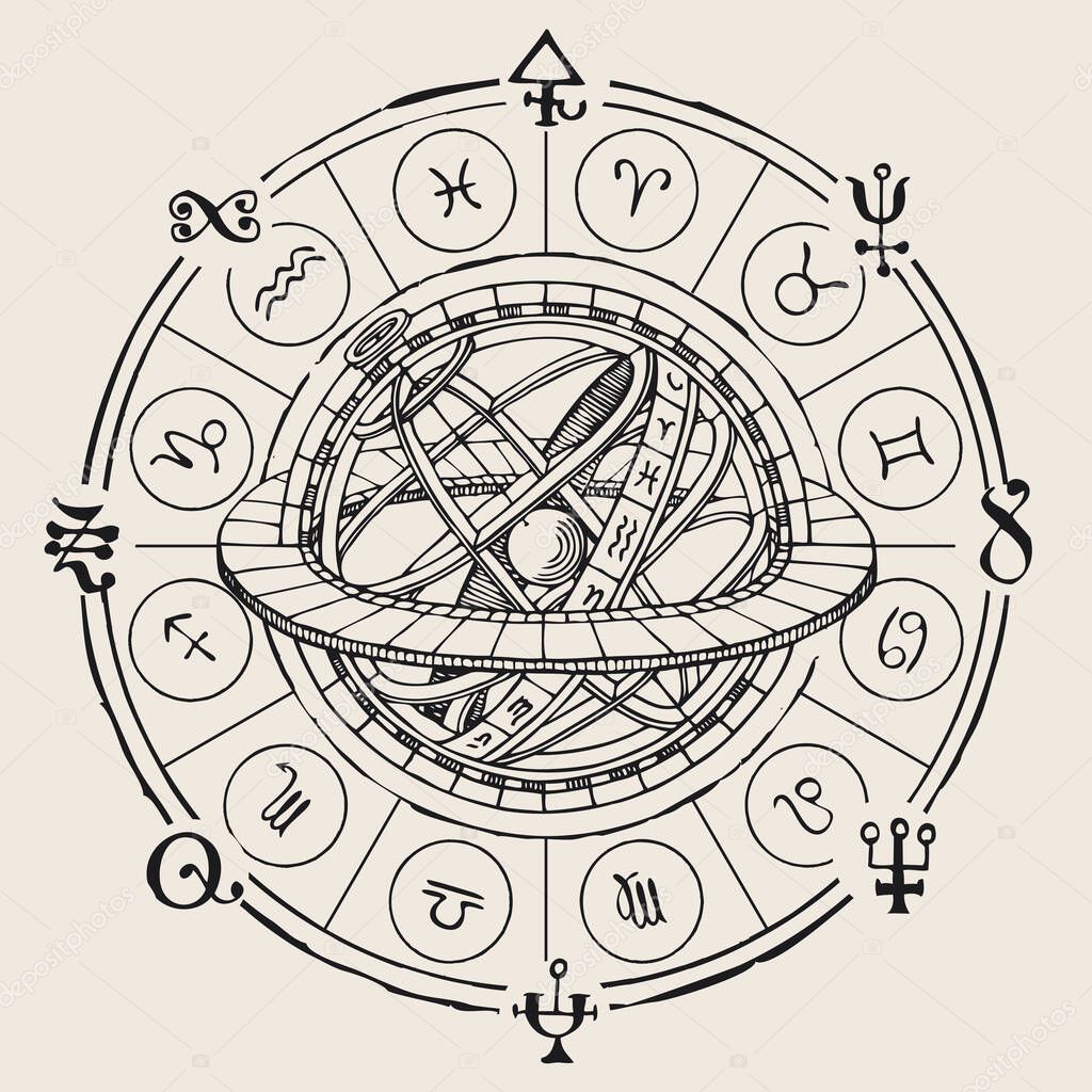 Vector circle of the Zodiac signs with icons and hand-drawn Ptolemaic Geocentric System on an old paper. Monochrome banner with horoscope symbols for astrological predictions in vintage style