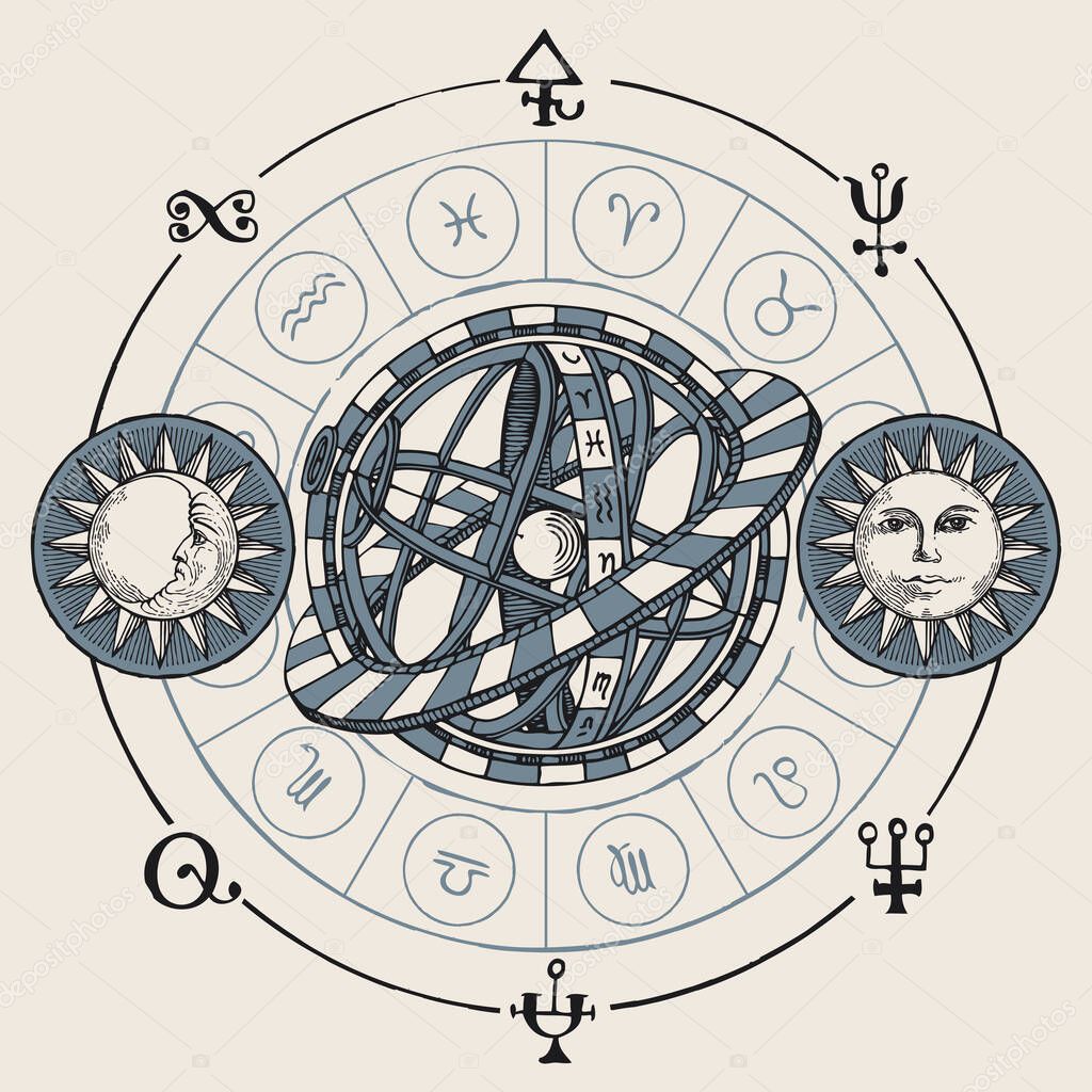 Vector circle of the Zodiac signs with icons, Ptolemaic Geocentric System, Sun and Moon on an old paper background. Hand-drawn banner with horoscope symbols for astrological predictions in retro style