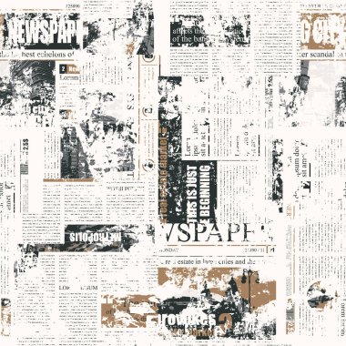 Gazete ya da dergi küpürlerinin aşınmış kolajıyla soyut, pürüzsüz bir desen. Başlık, illüstrasyon ve metin taklit ile grunge tarzı vektör arkaplanı. Duvar kağıdı, ambalaj kağıdı, kumaş