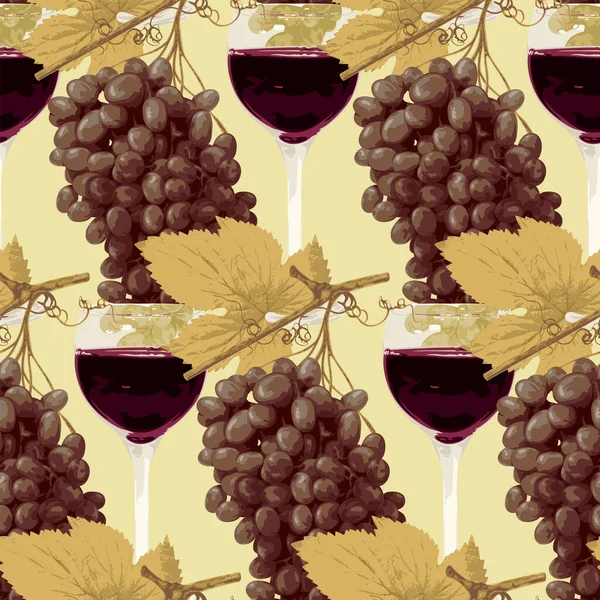 Seamless Pattern Realistic Bunches Grapes Glasses Red Wine Light Yellow — Stock Vector
