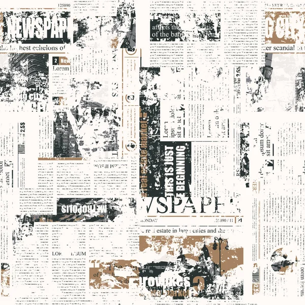 Gazete ya da dergi küpürlerinin aşınmış kolajıyla soyut, pürüzsüz bir desen. Başlık, illüstrasyon ve metin taklit ile grunge tarzı vektör arkaplanı. Duvar kağıdı, ambalaj kağıdı, kumaş