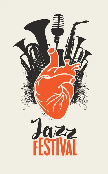 Cartaz Música Vetorial Com Coração Humano Vermelho Instrumentos Latão Preto — Vetor de Stock