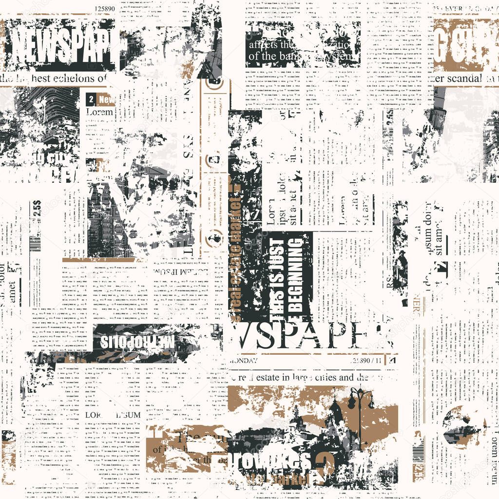 Abstract seamless pattern with scuffed collage of newspaper or magazine clippings. Vector background in grunge style with titles, illustrations and imitation of text. Wallpaper, wrapping paper, fabric