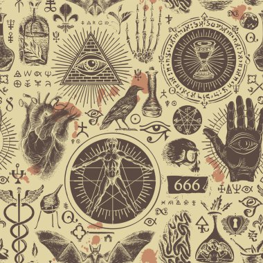 Okültizm, satanizm ve cadılık teması üzerine elle çizilmiş soyut bir kalıp. Kaygı verici çizimler, noktalar, esrarengiz ve mazoşist semboller içeren vektör arkaplan