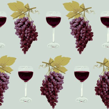 Seamless pattern with realistic bunches of ripe grapes and glasses of red wine on a light backdrop. Vector background on the theme of wine. Suitable for wallpaper, wrapping paper or fabric design clipart