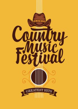 Kahverengi kovboy şapkası ve sarı gitarın arka planında yazı olan bir country müzik festivali posteri. Pankart, oyun tasarısı, el ilanı, davet, kapak için uygun