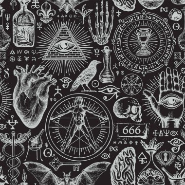Okültizm, satanizm ve cadılık temalı klasik tarzda soyut, elle çizilmiş kusursuz desen. Uğursuz çizimlerle tek renkli vektör arka planı. Siyah bir arkaplanda tebeşir çizimleri