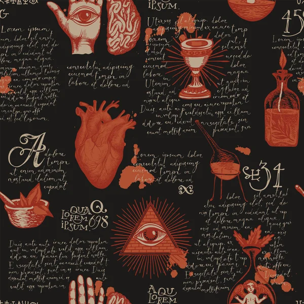 Motif Vintage Sans Couture Dessiné Main Sur Thème Occultisme Satanisme — Image vectorielle