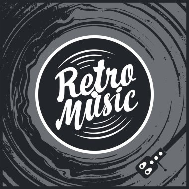 Vector müzik posteri, eski plaklar, pikaplar ve kaligrafik harfler. Retro müzik. Dekoratif illüstrasyon, afiş, broşür, kapak, kart, davetiye, etiket, etiket için uygun