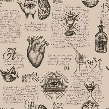 Klasik tarzdaki okültizm, satanizm ve cadılık temasında elle çizilmiş soyut bir model. Eskizler ve el yazısı metin lorem ipsum içeren tek renkli vektör arkaplanı eski bir kağıt üzerinde