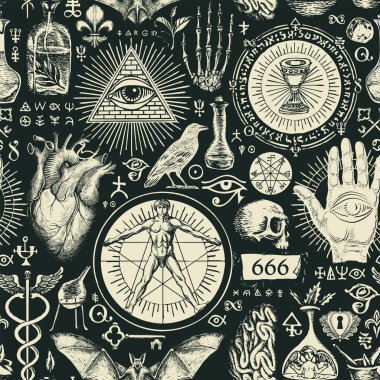 Okültizm, satanizm ve cadılık temasında klasik tarzda elle çizilmiş kusursuz desen. Kaygı verici çizimlerle soyut vektör arkaplanı. Siyah bir arkaplanda tebeşir çizimleri