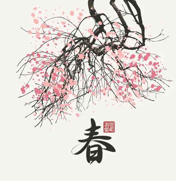 光を背景に開花木の枝を持つ日本や中国の水彩画のスタイルで春のイラスト アブストラクトベクトルバナー 春と訳される漢字 — ストックベクタ