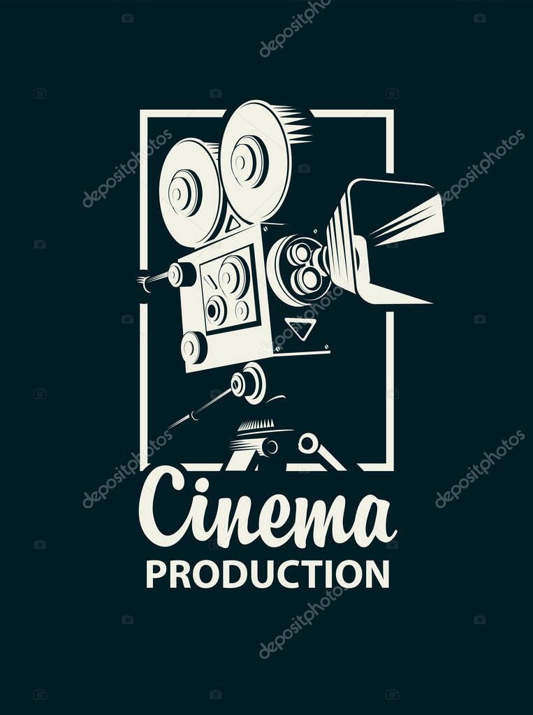 Vector icon or logo with old-fashioned movie projector or video camera and the words Cinema production on black background. Suitable for advertising banner, poster, sticker, flyer, ticket, web design