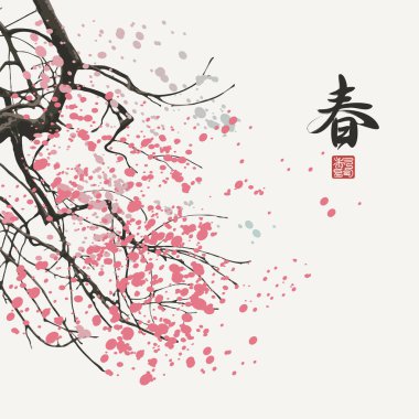 İlkbahar olarak tercüme edilen Çince karakterli bir bahar vektör afişi. Japon ya da Çin suluboya tarzında soyut çizimler, arkaplanda çiçek açan ağaç dalları.