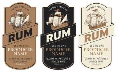 Set of three vector labels for rum in a figured frames with old sailing ships and inscriptions in retro style. Collection of strong alcoholic beverages. Premium quality, iced in oak clipart