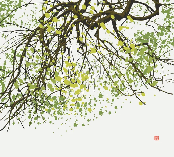 Vårens Illustration Trädgrenar Med Unga Gröna Blad Lätt Bakgrund Abstrakt — Stock vektor