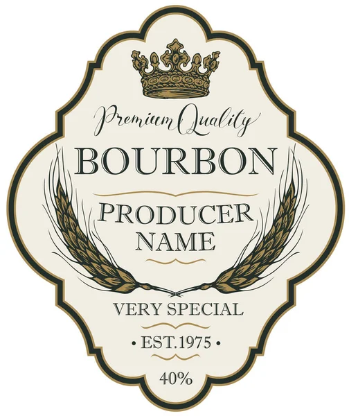 Étiquette Vectorielle Décorée Pour Bourbon Dans Cadre Figuré Avec Couronne — Image vectorielle