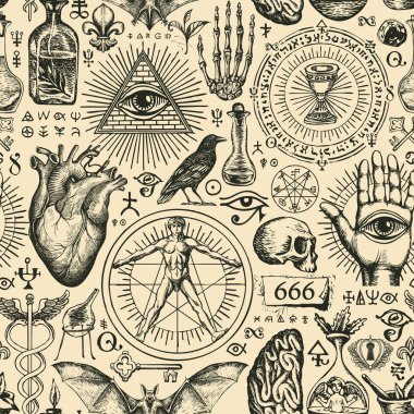 Klasik tarzdaki okültizm, satanizm ve cadılık temasında elle çizilmiş soyut bir model. Eski bir kağıt zemin üzerinde siyah uğursuz çizimler içeren tek renkli vektör arkaplanı