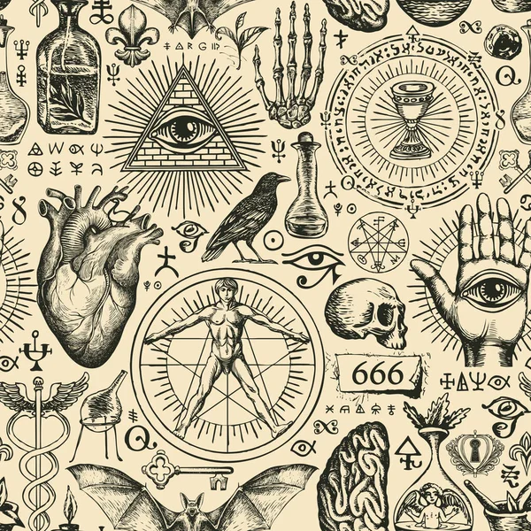 Abstraktes Handgezeichnetes Nahtloses Muster Zum Thema Okkultismus Satanismus Und Hexerei — Stockvektor