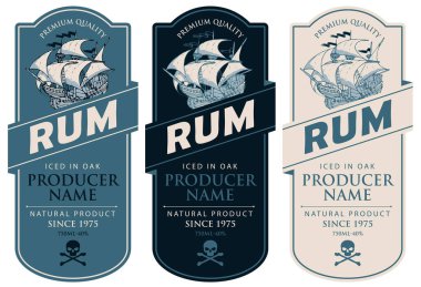 Set of vector labels for rum in a figured frames with old sailing ships, skulls with crossbones and inscriptions in retro style. Collection of strong alcoholic beverages. Premium quality, iced in oak clipart