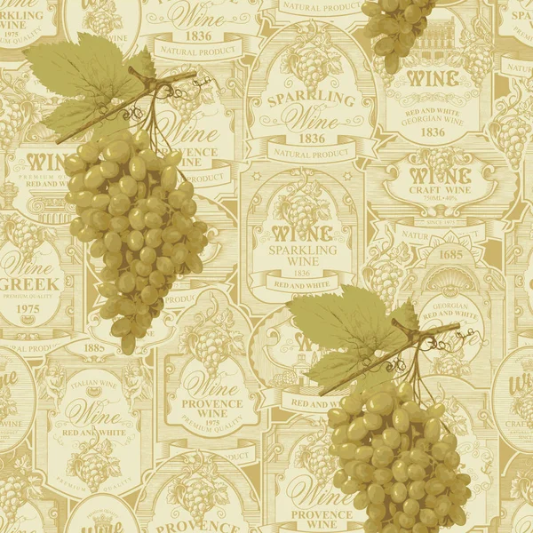 Elle Çizilmiş Şarap Etiketlerinin Arka Planında Gerçekçi Yeşil Üzüm Demetleri — Stok Vektör