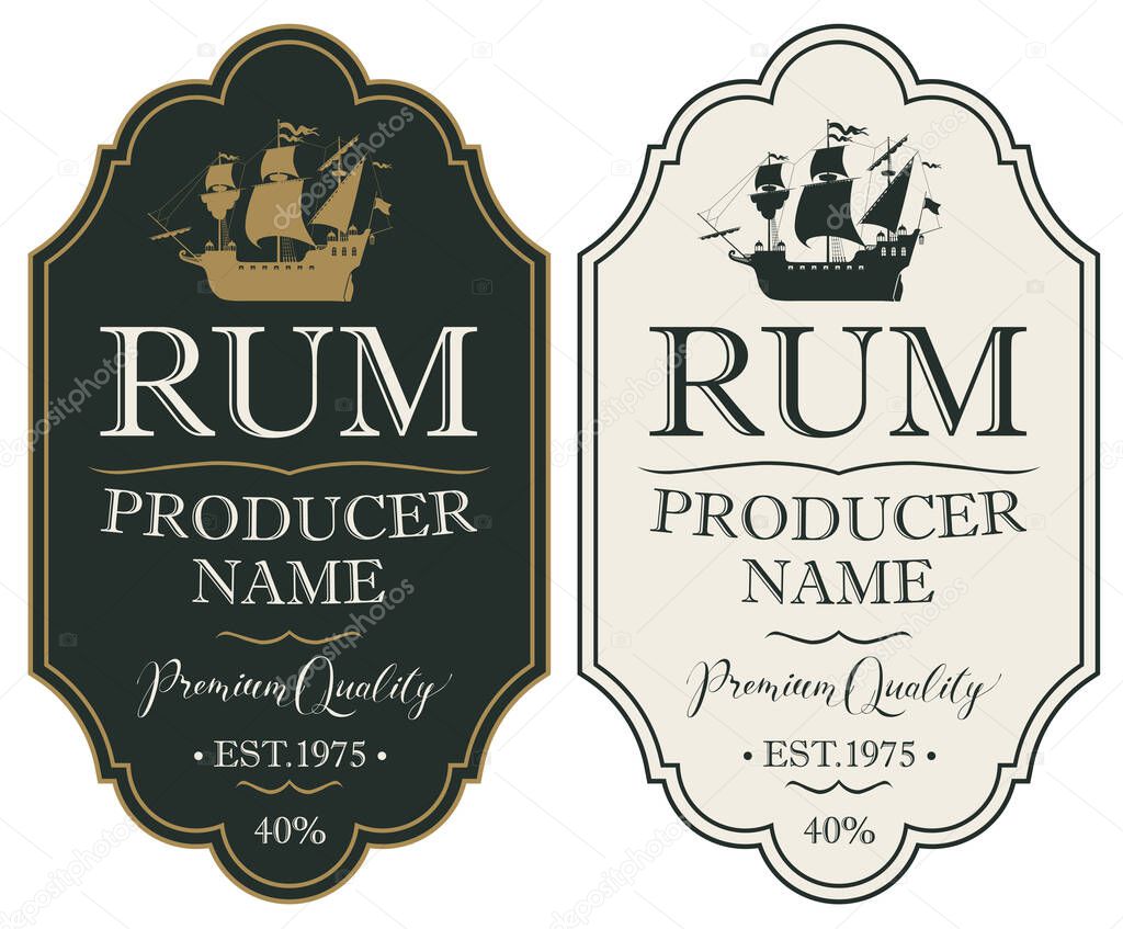 Set of vector labels for rum in retro style with old sailing ships and inscriptions in a figured frames. Collection of strong alcoholic beverages premium quality, iced in oak