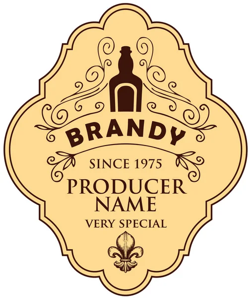 Monochromatický Vektorový Štítek Pro Brandy Lahví Kudrlinkami Fleur Lis Béžovém — Stockový vektor