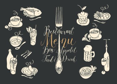 Restoran veya kafe için vektör menüsü, çatallı, çeşitli tabaklar ve siyah üzerine yazılmış yazıtların taslakları. Geçmişe dönük tasarım elementleri. Tatlı karikatürler, yiyecek ve içecek çizimleri.