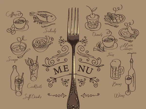 Menú Vectorial Para Restaurante Cafetería Con Tenedor Bocetos Varios Platos — Vector de stock