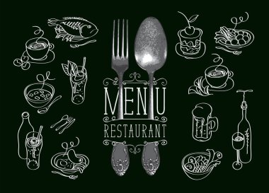 Siyah arka planda çatal, kaşık ve çeşitli yemek taslakları olan bir restoran için vektör menüsü. Güzel karikatürler, yiyecek ve içecek çizimleri. Bir dizi tasarım elemanı. Tahtaya tebeşir çiziyorum.