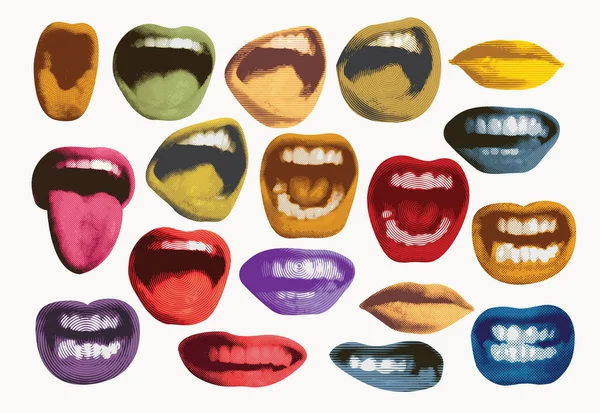 Conjunto Vectorial Pegatinas Brillantes Con Labios Colores Que Sonríen Muestran — Vector de stock