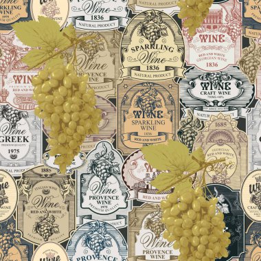 Çeşitli el yapımı şarap etiketlerinin arka planında gerçekçi yeşil üzüm demetleri olan kusursuz desenler. Şarap ve şaraphane temasının vektör arkaplanı. Duvar kağıdı, ambalaj kağıdı, kumaş için iyi.