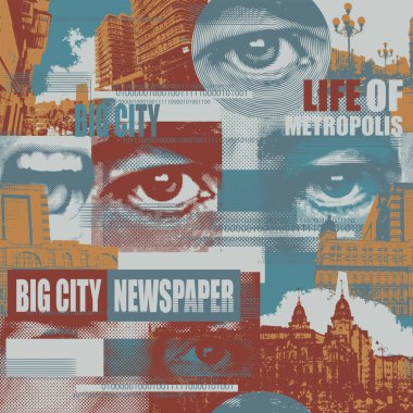 Abstract seamless pattern with human eyes, headlines, fragments of urban landscapes. Chaotic vector background on the theme of city life. Suitable for wallpaper, wrapping paper, fabric in modern style